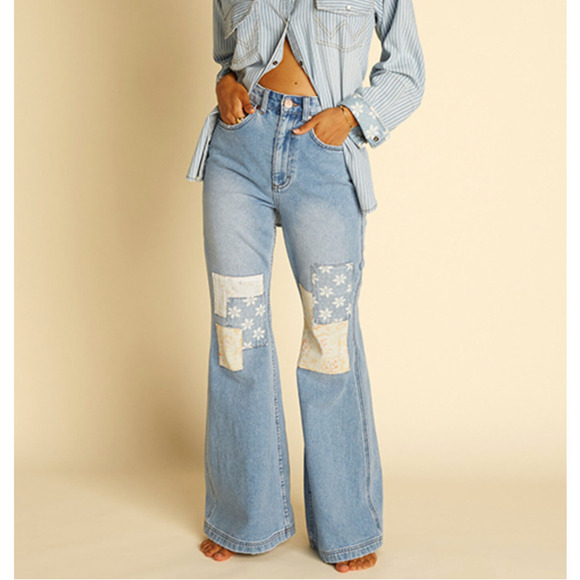 Billabong x Wrangler Vintage High Waist Straight Flare Leg Jeans Patchwork Sz 28 - Picture 1 of 15